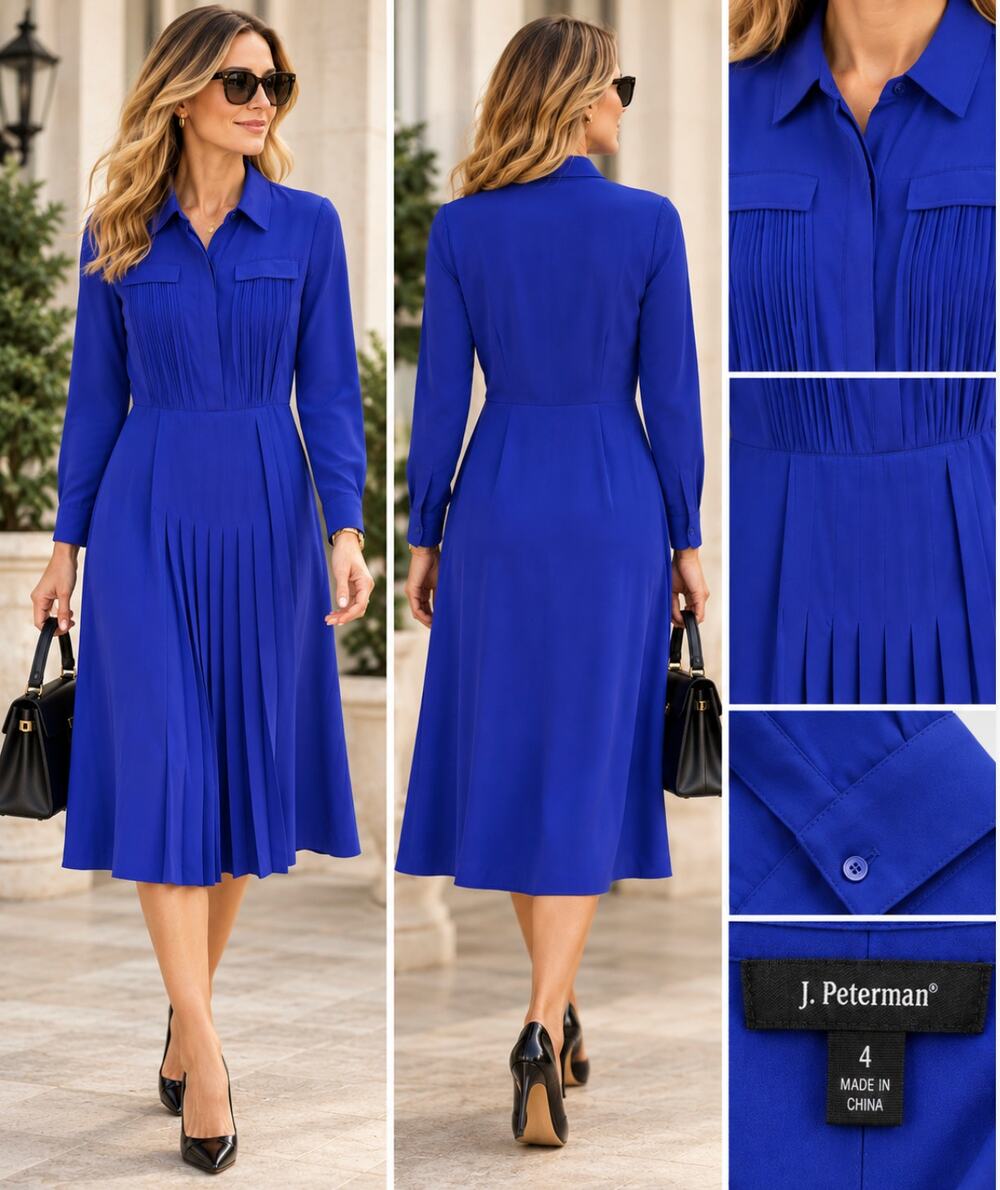 J. Peterman 100% Silk Pleated Shirt Dress Royal Blue Purple Size 4 NWOT Midi